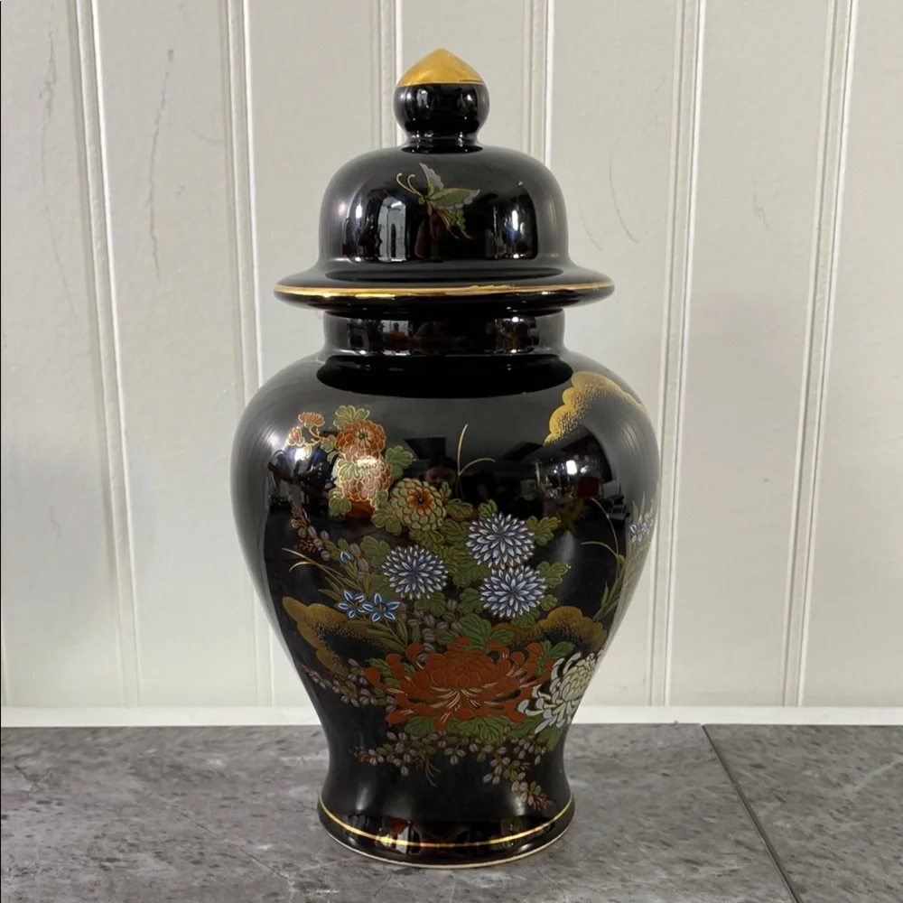 VTG Sato Gordon Japan Ginger Jar Black Gold Peonies Bird Asian Elegant‎ Floral